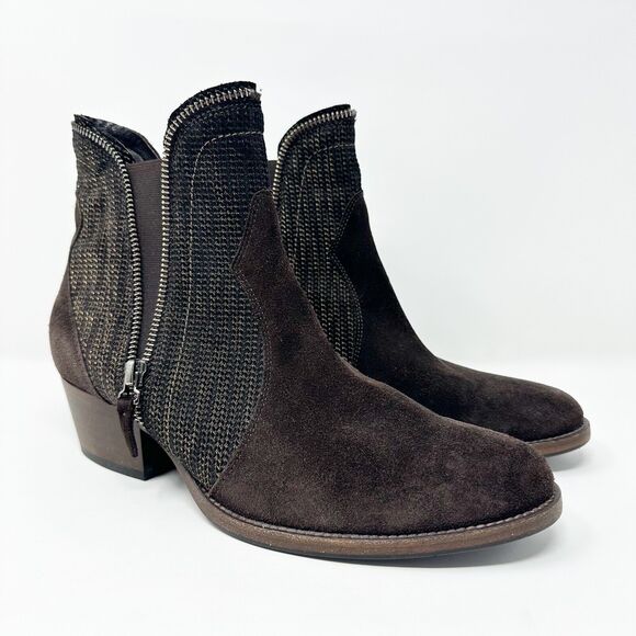 Sesto Meucci Womens Ankle Boots 39 Brown Suede Leather Woven Vero Cuoio Italy - Picture 1 of 16